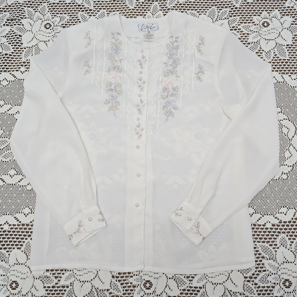 Kathy Che Ivory White Sheer Chiffon Blouse 12 Button Up Top Embroidered Coquette